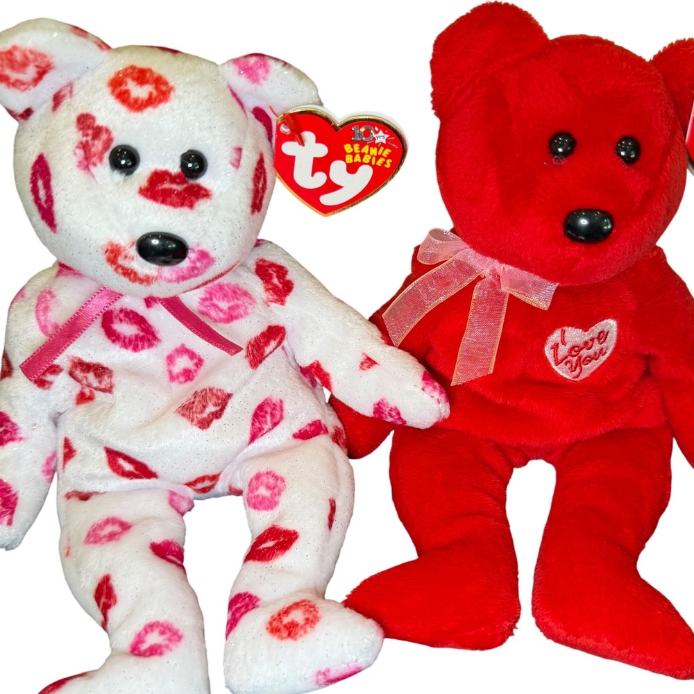 Ty Beanie Babies Kissy and Secret Valentine‎ Bears 2003 10th Anniversary Set
